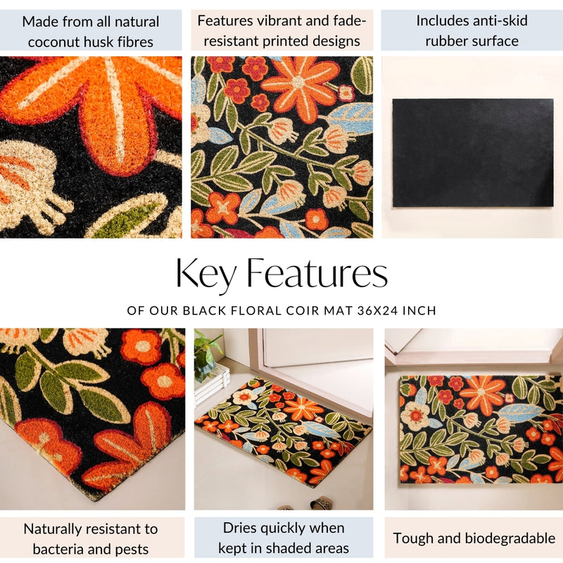 Black Floral Coir Mat 36x24 Inch