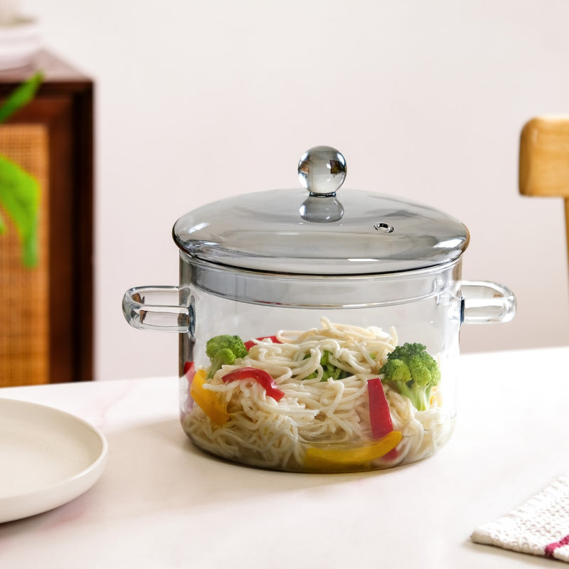 Black Tinted Borosilicate Glass Cooking Pot With Reflective Lid 2L