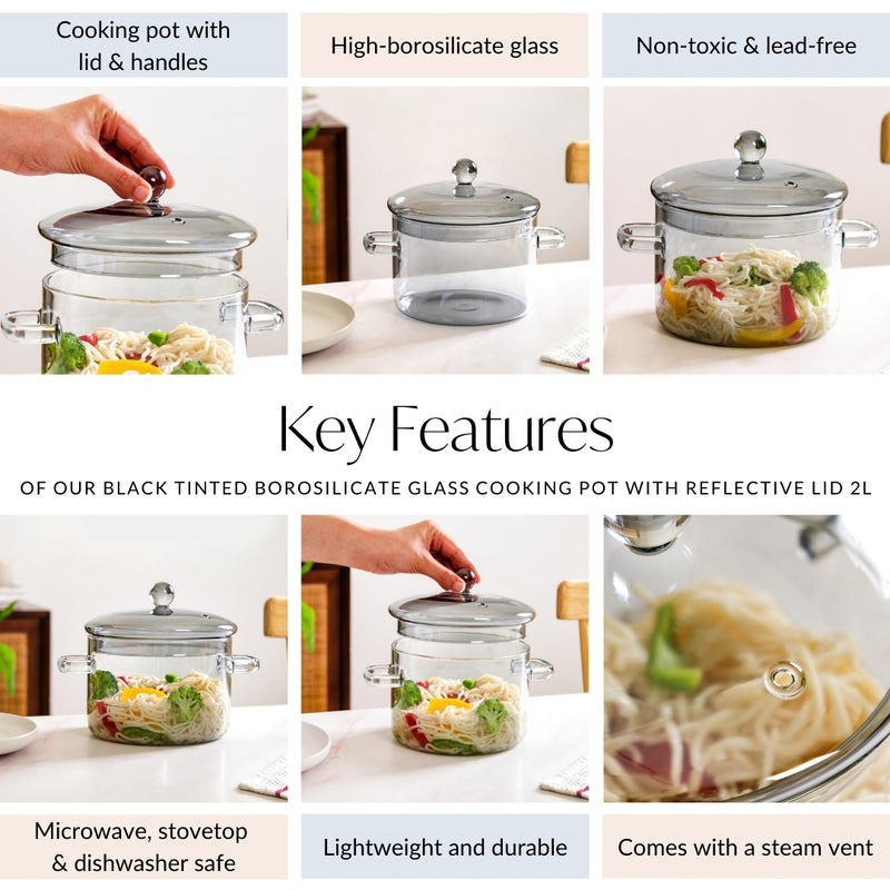 Black Tinted Borosilicate Glass Cooking Pot With Reflective Lid 2L