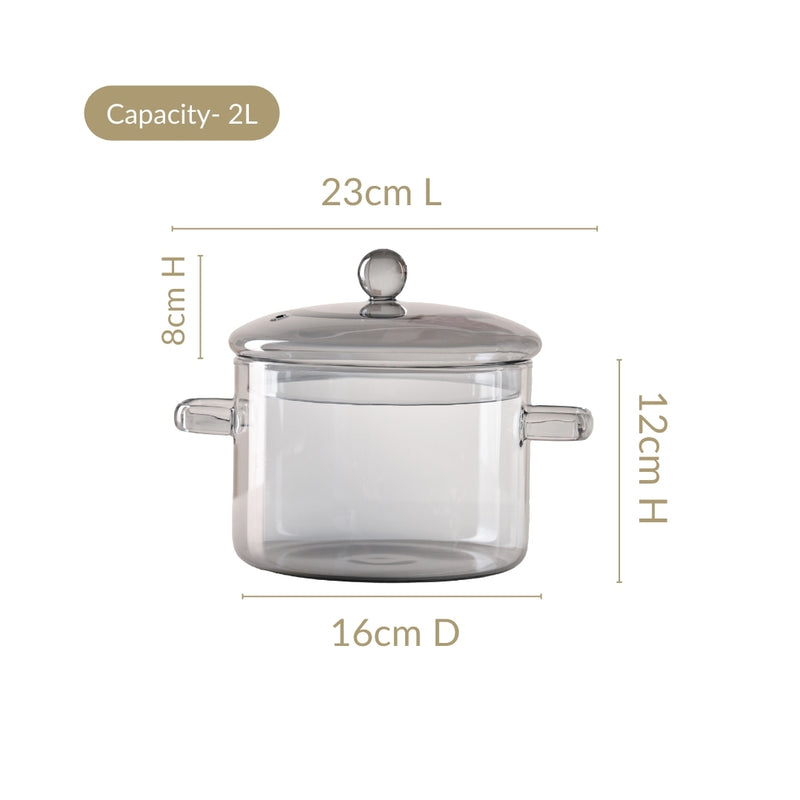 Black Tinted Borosilicate Glass Cooking Pot With Reflective Lid 2L