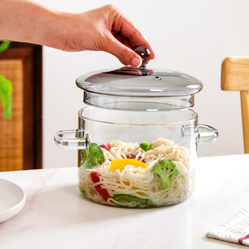 Black Tinted Borosilicate Glass Cooking Pot With Reflective Lid 2L