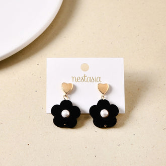 Black Flower Pearl Danglers