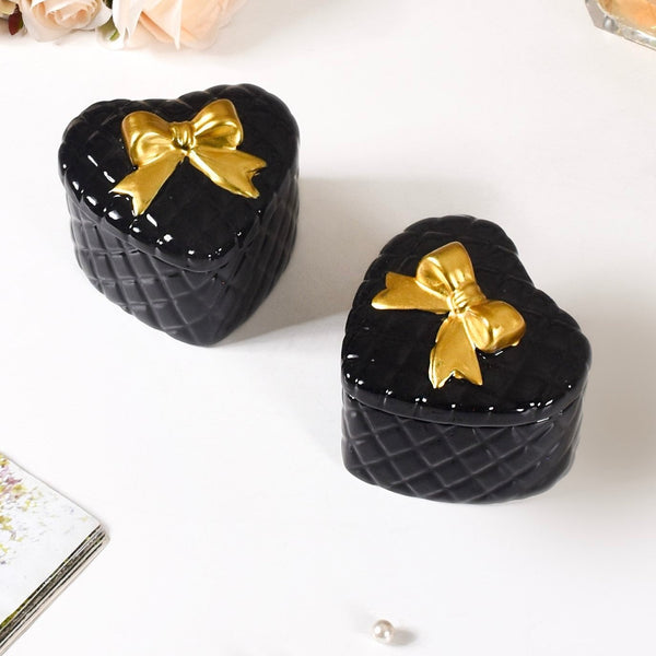 Quilted Heart Ceramic Storage Box With Bow Set Of 2 Black