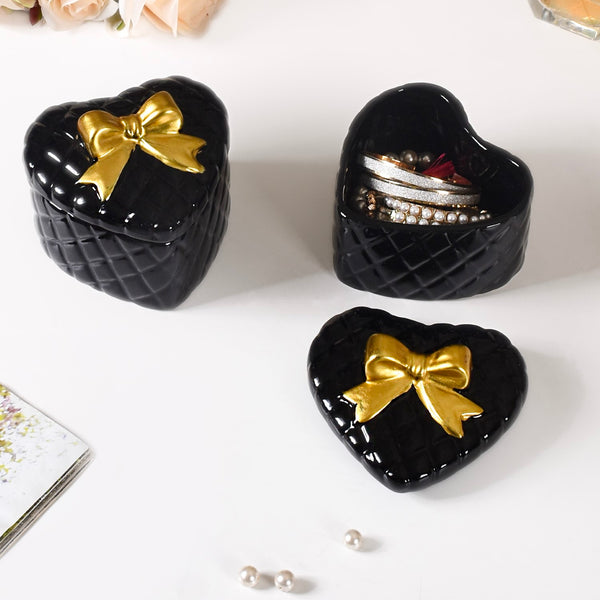 Quilted Heart Ceramic Storage Box With Bow Set Of 2 Black