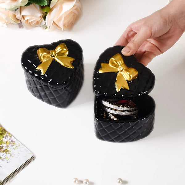 Quilted Heart Ceramic Storage Box With Bow Set Of 2 Black