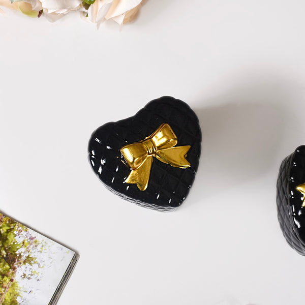 Quilted Heart Ceramic Storage Box With Bow Set Of 2 Black