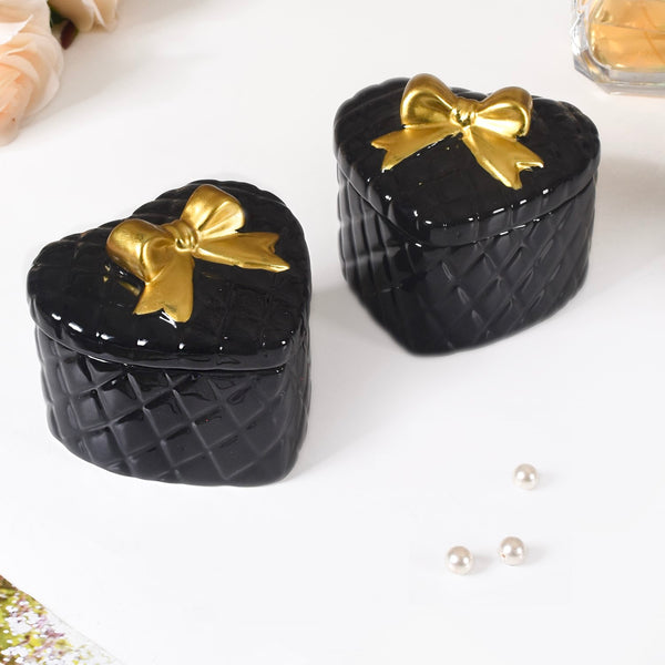 Quilted Heart Ceramic Storage Box With Bow Set Of 2 Black