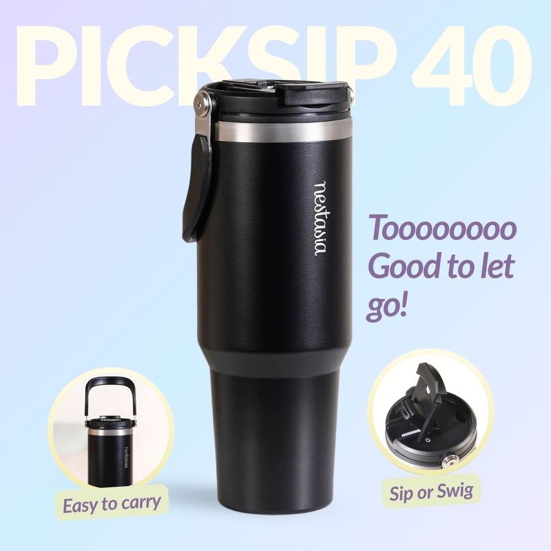 PickSip 40 Insulated Tumbler Bottle With Top Handle Black Noir 1200ml