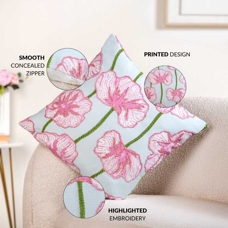 Blooming Blush Embroidered Cotton Cushion Cover 40x40cm