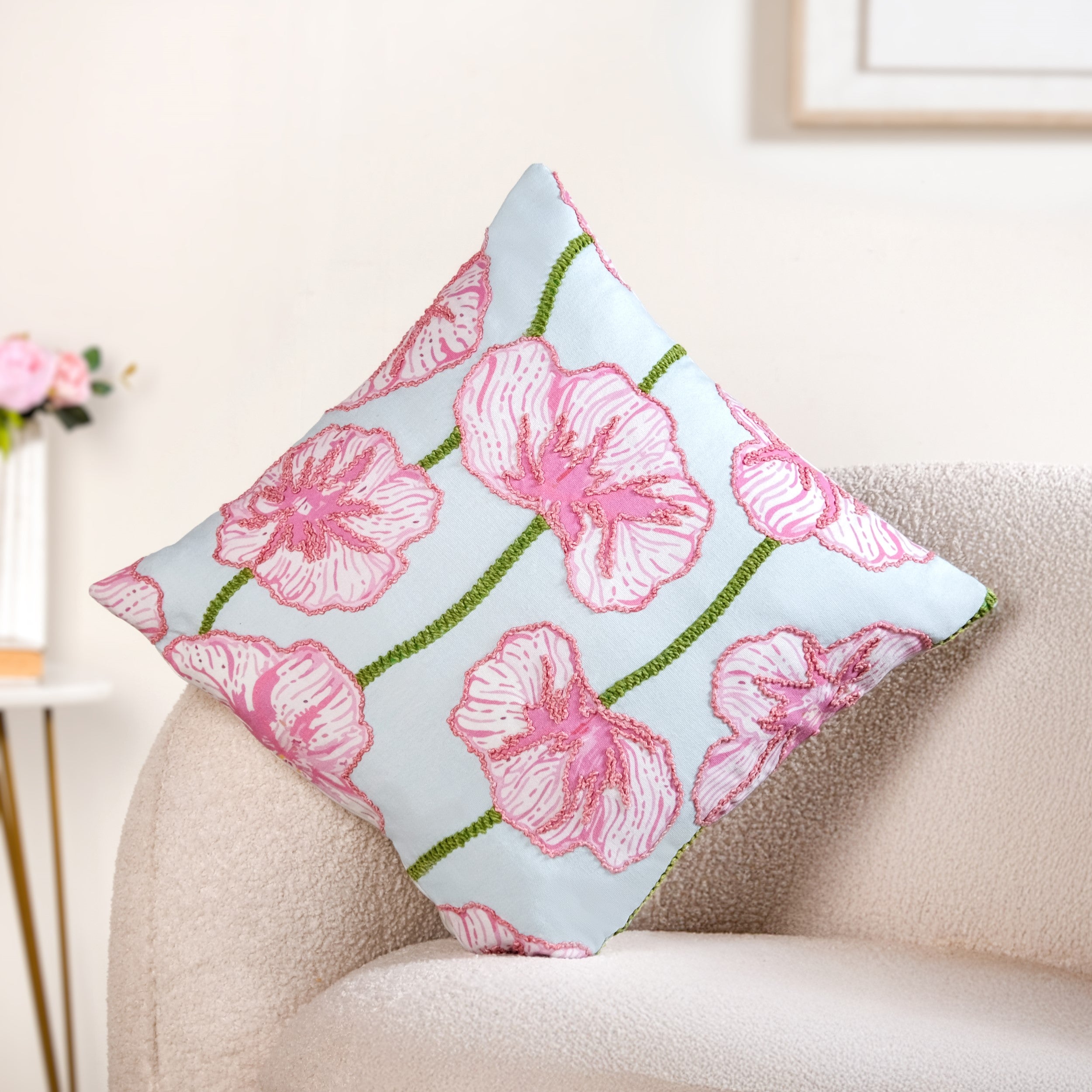 Blooming Blush Embroidered Cotton Cushion Cover 40x40cm