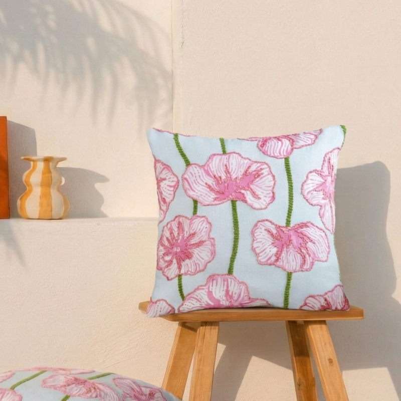 Blooming Blush Embroidered Cotton Cushion Cover 40x40cm