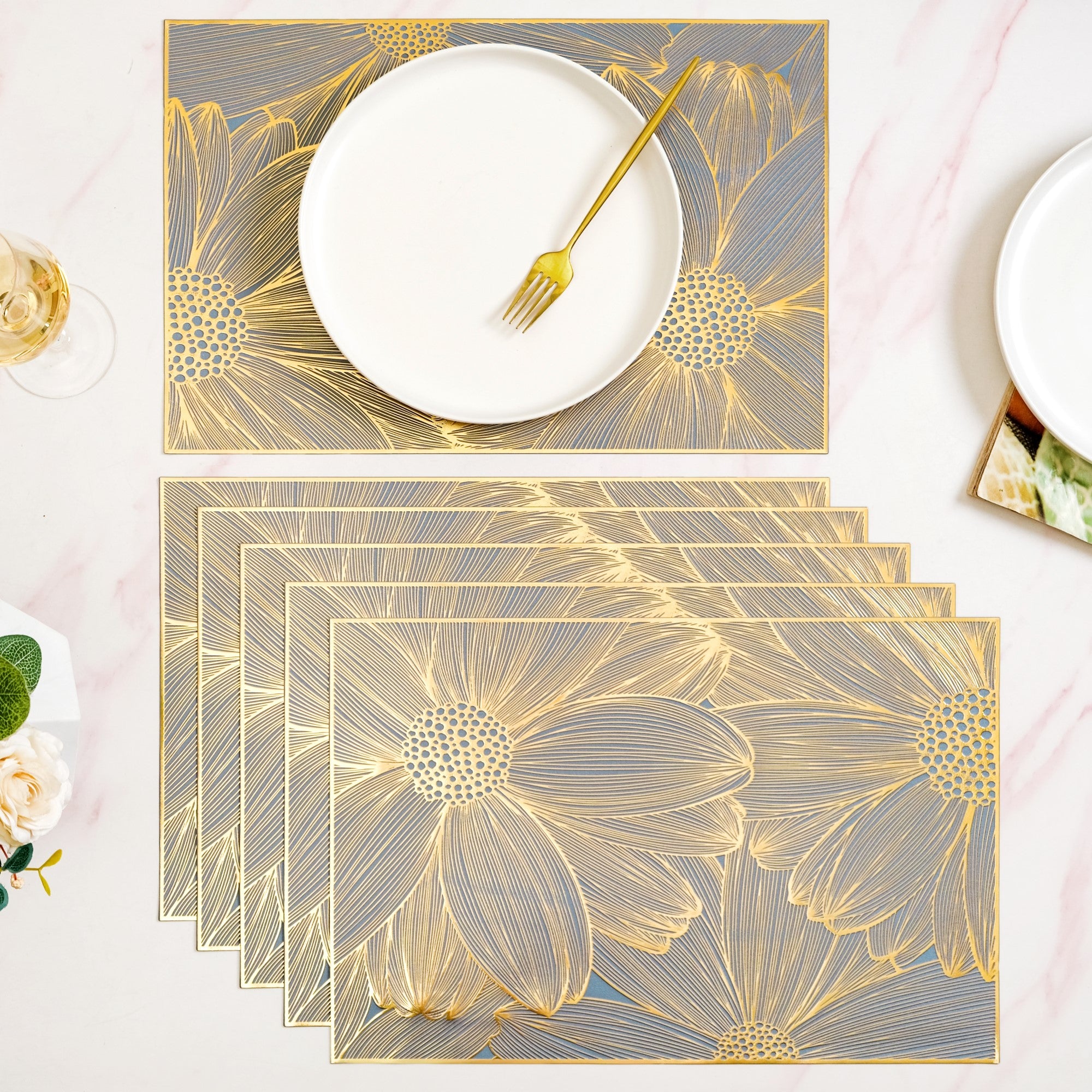 Chic Flower Rectangle Table Mat Set Of 6 Gold Blue
