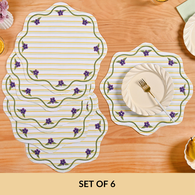 Bloom Lines Cotton Embroidered Table Mat Set Of 6