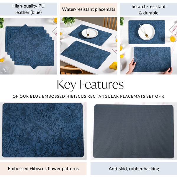 Blue Embossed Hibiscus Rectangular Placemats Set Of 6