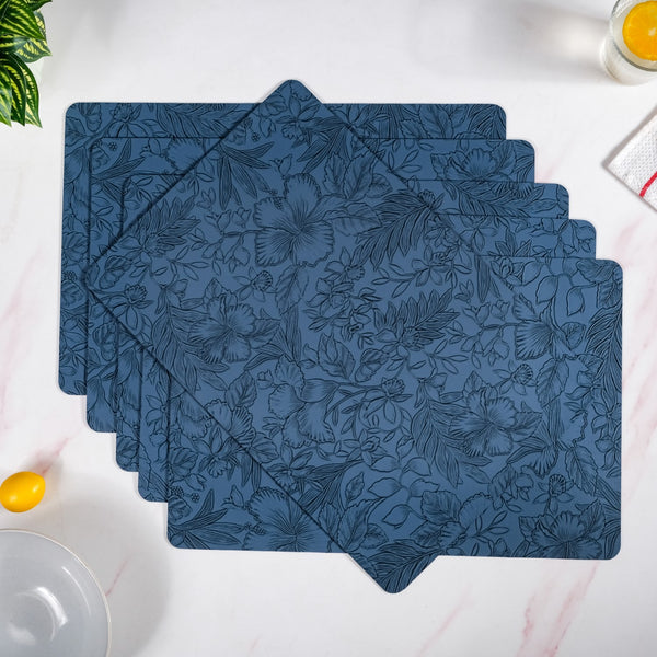 Blue Embossed Hibiscus Rectangular Placemats Set Of 6