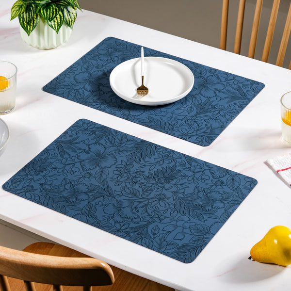 Blue Embossed Hibiscus Rectangular Placemats Set Of 6