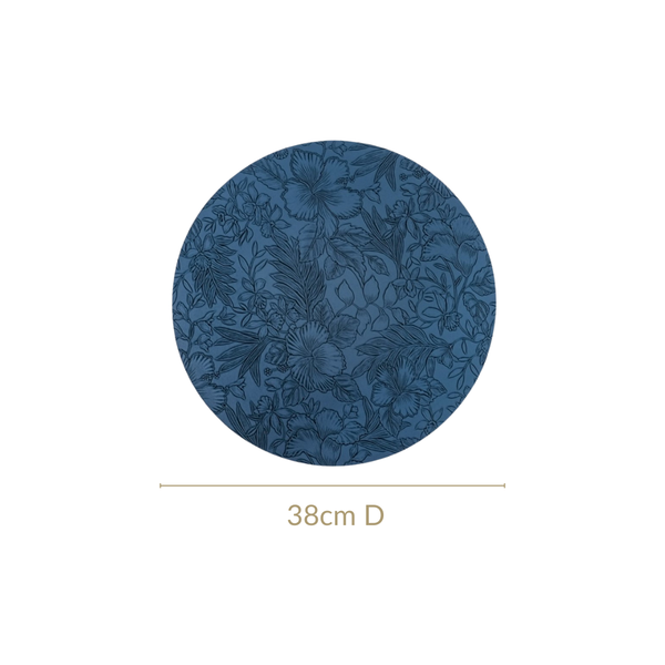 Blue Embossed Hibiscus Round Placemats Set Of 6