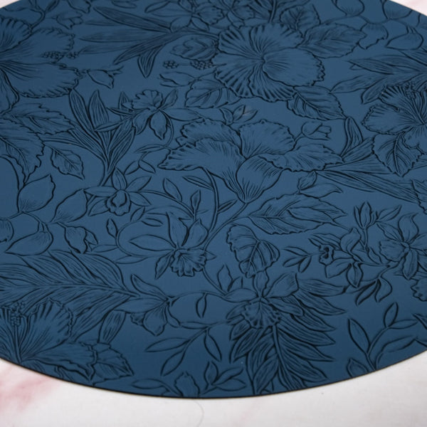 Blue Embossed Hibiscus Round Placemats Set Of 6