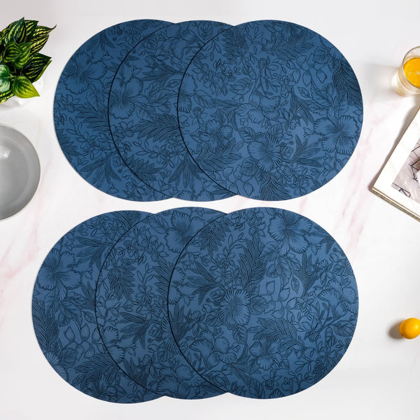 Blue Embossed Hibiscus Round Placemats Set Of 6