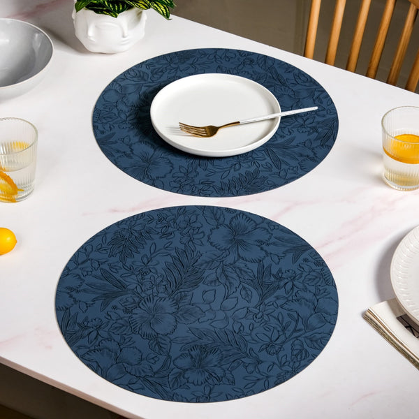 Blue Embossed Hibiscus Round Placemats Set Of 6