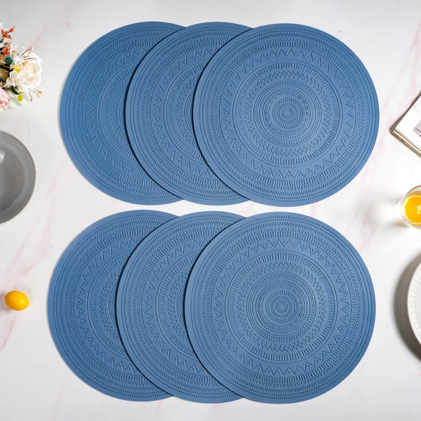 Blue Embossed Warli Design Round Table Mat Set Of 6