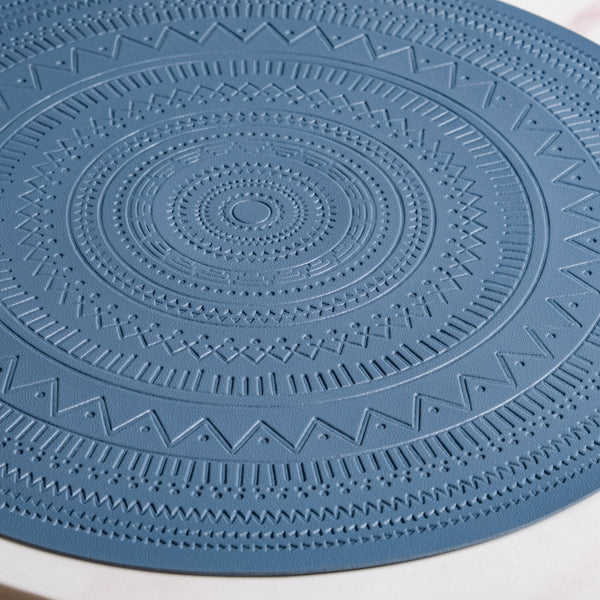 Blue Embossed Warli Design Round Table Mat Set Of 6