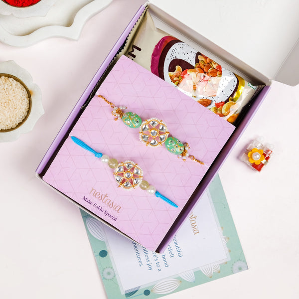 Serene Kundan Blue Rakhi Bracelet Gift Set