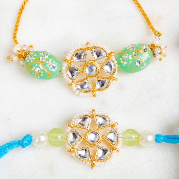 Serene Kundan Blue Rakhi Bracelet Gift Set