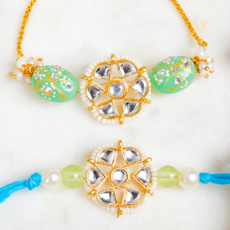 Blue Kundan Style Rakhi Lumba Gift Set