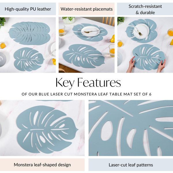 Blue Laser Cut Monstera Leaf Table Mat Set Of 6