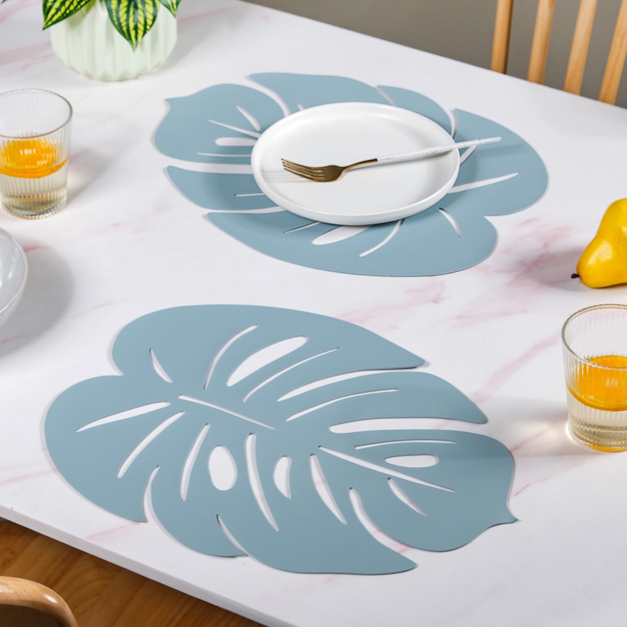 Blue Laser Cut Monstera Leaf Table Mat Set Of 6 Online - Premium Table ...