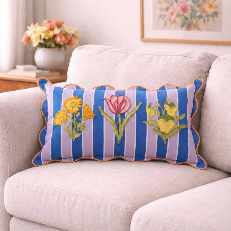 Blue Striped Embroidered Cushion Cover 50x30cm