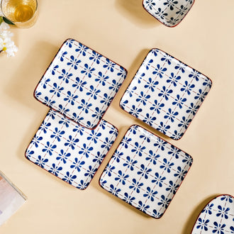 Set Of 4 Flower Blue Square Snack Plates 7 Inch - Snack plates, small plates, ceramic snack plates, side plates, snack plates set