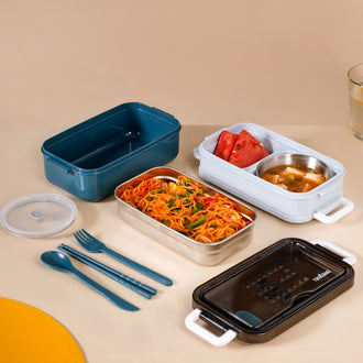 Stackable Insulated Lunch Box With Cutlery Blue 1050ml