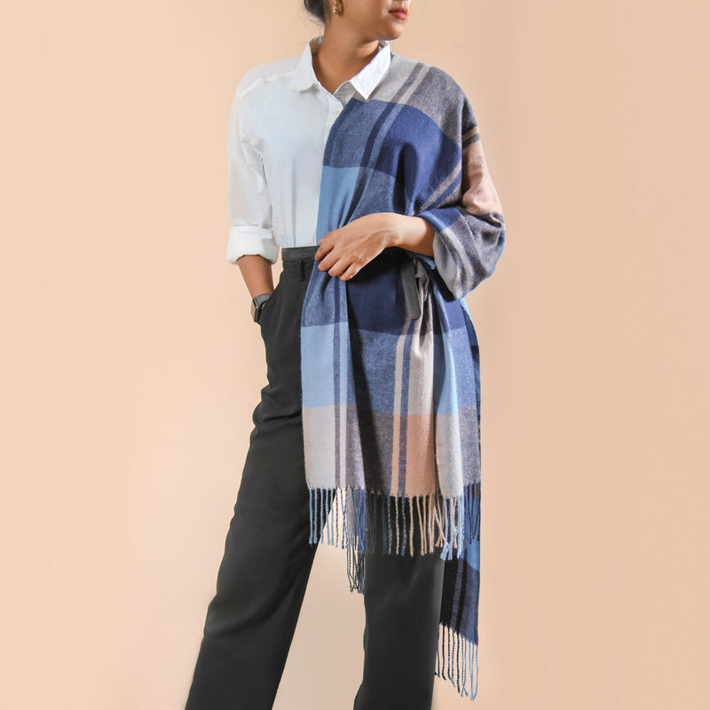 Blue Plaid Pattern Wool Scarf