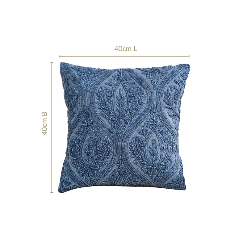 Blue Stonewash Paisley Embroidered Cotton Cushion Cover