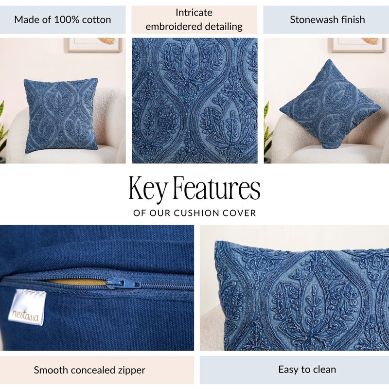 Blue Stonewash Paisley Embroidered Cotton Cushion Cover