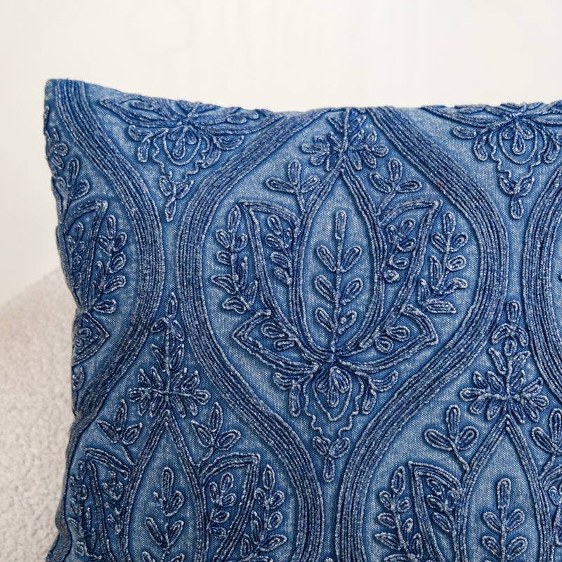 Blue Stonewash Paisley Embroidered Cotton Cushion Cover