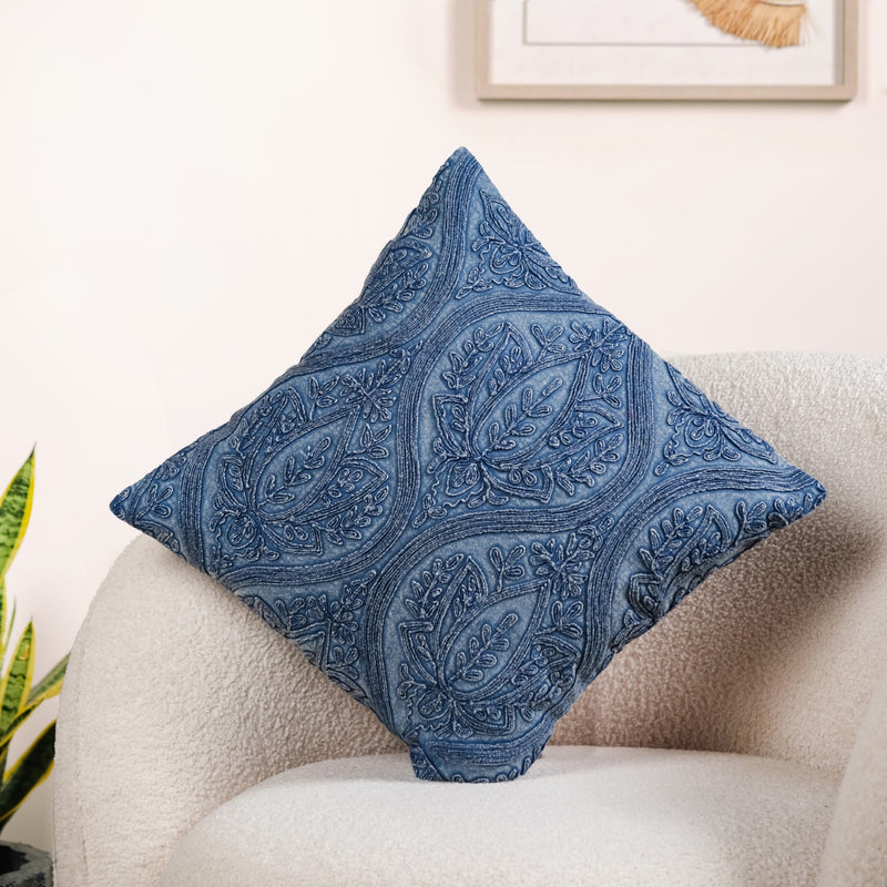 Blue Stonewash Paisley Embroidered Cotton Cushion Cover