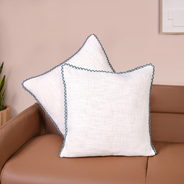 Blueline Lace Cotton Sofa With Looped Edging Set Cushion Cover Set Of 2