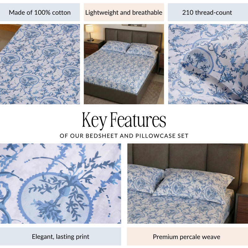 Bluemist Queen Size Pure Cotton Bedsheet Set 275x275cm
