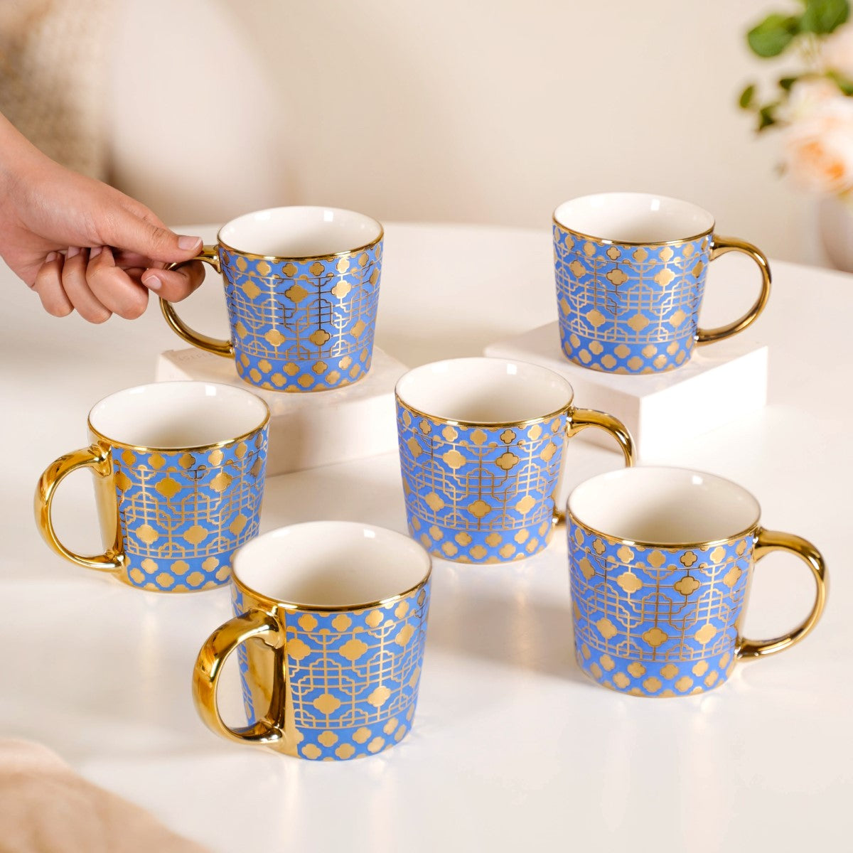 Ceramic Gold Print Tea Cups Mugs Set of 6 - 220 ml Each US