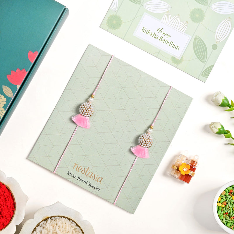 Blush Pearl Tassel Rakhi Gift Set