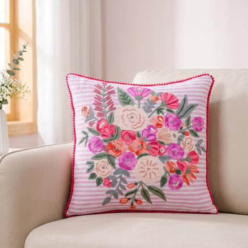 Blush Breeze Embroidered Stripe Cotton Cushion Cover 40x40cm