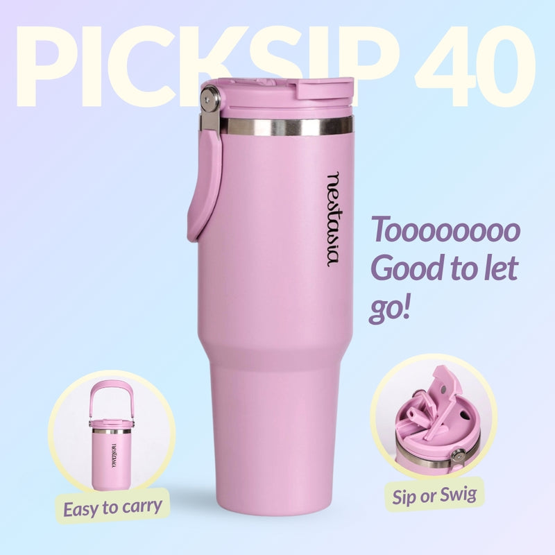 PickSip 40 Insulated Tumbler Bottle With Top Handle Blush Rose Pink 1200ml