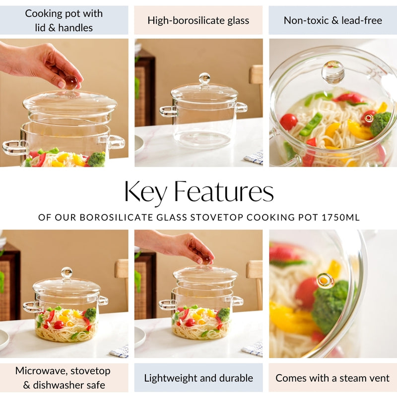 Borosilicate Glass Stovetop Cooking Pot 1750ml