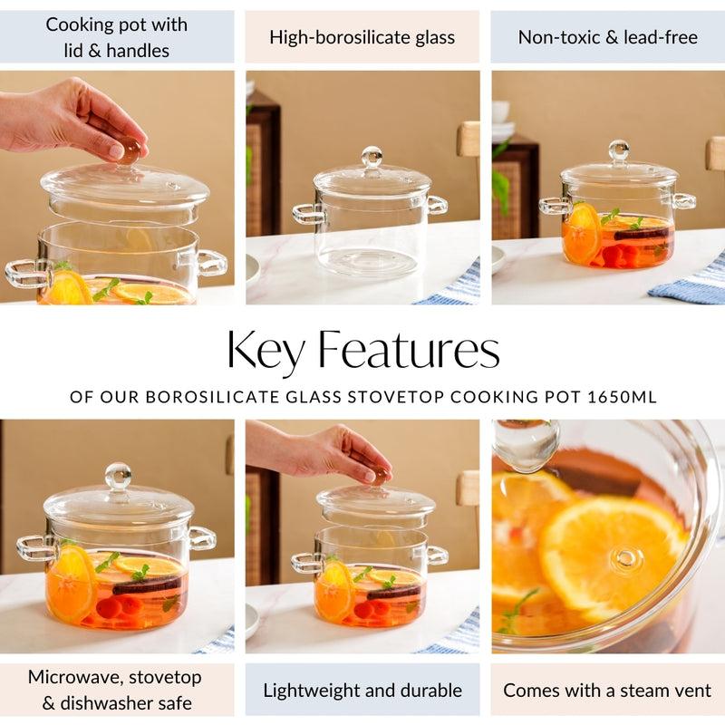 Borosilicate Glass Stovetop Cooking Pot 1750ml
