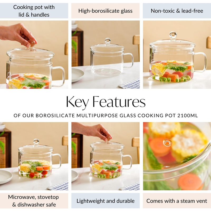 Borosilicate Multipurpose Glass Cooking Pot  2100ml