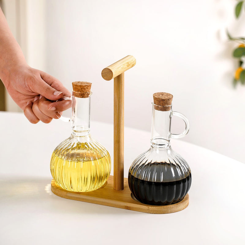 Borosilicate Glass Oil And Vinegar Bottle With Bamboo Stand Set Of 3 300ml