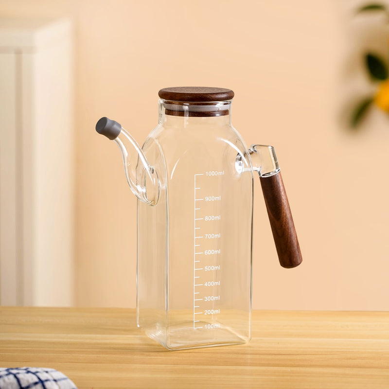 Borosilicate Glass Oil Pot With Wooden Lid 1000ml